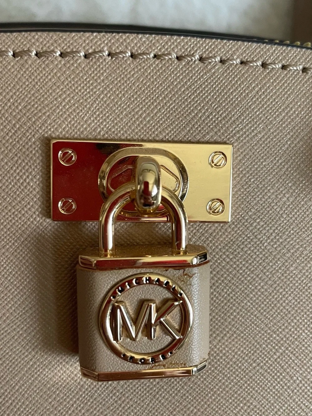 NWT Michael Kors Taupe Saffiano Leather Satchel with Gold Hardware.